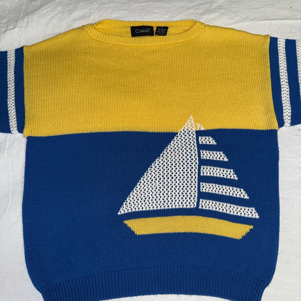 Medium Vintage Catalina Nautical Yellow And Blue Sailboat Sweater Womens